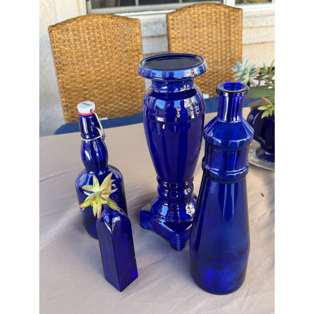 Cobalt Blue Glass Decor Lot 4 Pc Vintage Style Vases Bottles Boho MCM